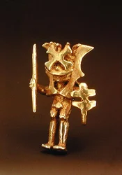Vedhæng af en maskeret figur fra Cauca-dalen, Colombia (guld)
